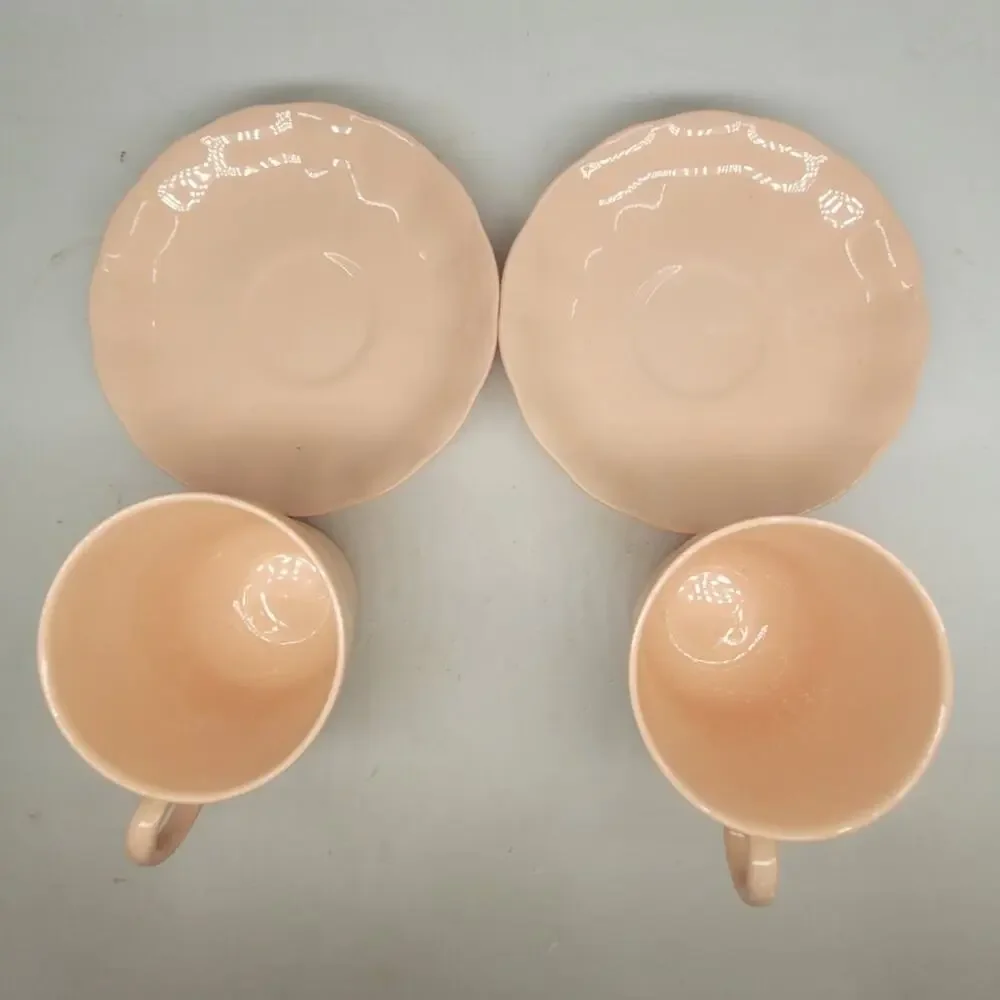 Grindley Peach Petal Pink Teacups Saucers Set of‎ 2 Vintage Wavy Rim China 3-5